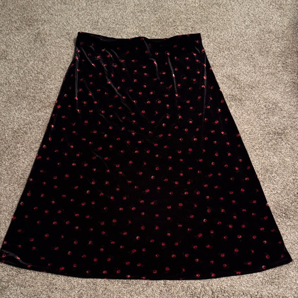LOFT A-Line Black Velvet Skirt with Red Floral Design